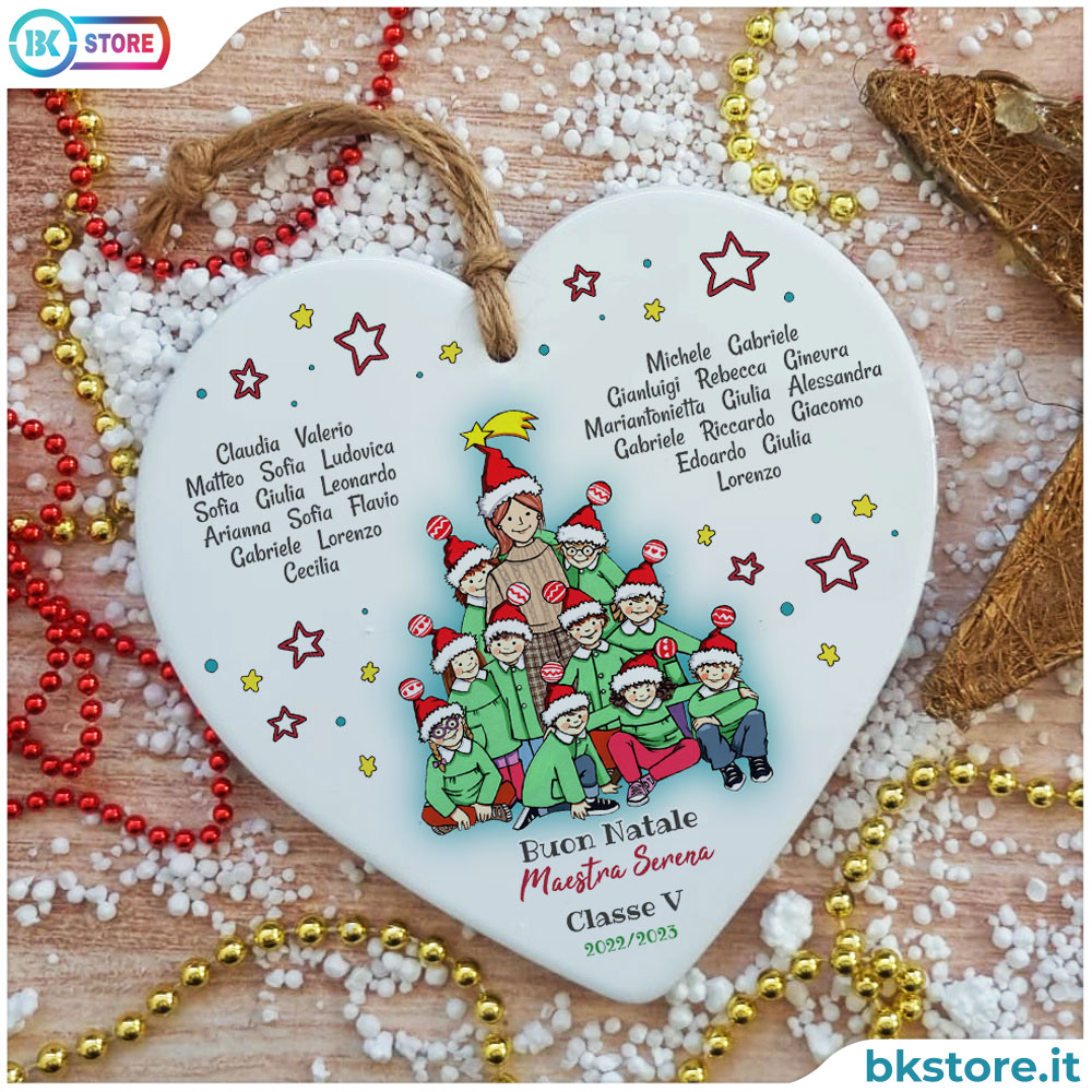 Cuore in ceramica regalo di Natale per la maestra, con avatar maestra e nomi bambini