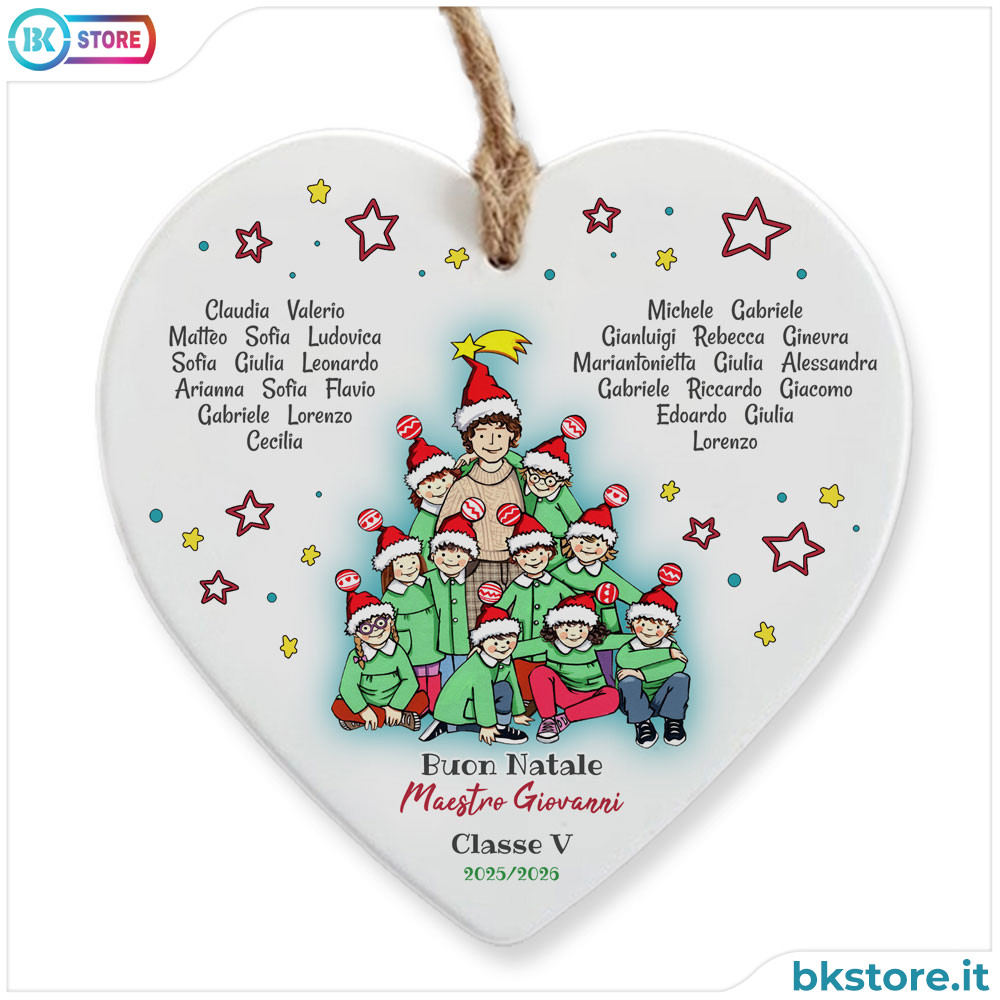 Cuore in ceramica natalizio con maestro personalizzato e nomi