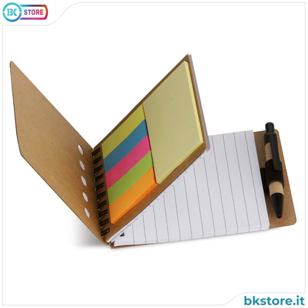 Idea regalo Natale maestro, blocchetto appunti con post-it e penna in cartone riciclato e plastica biodegradabile