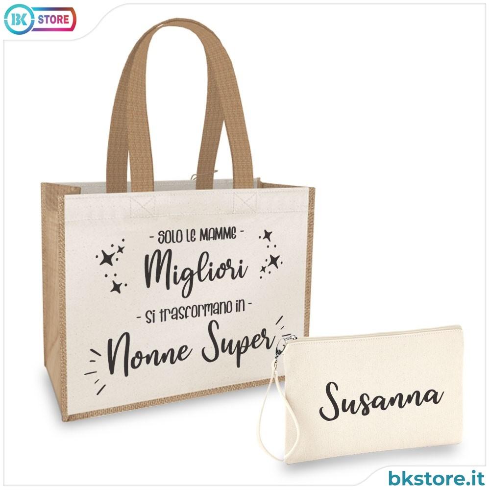 Borsa Shopper personalizzata regalo per una nonna Super, e pochette con nome