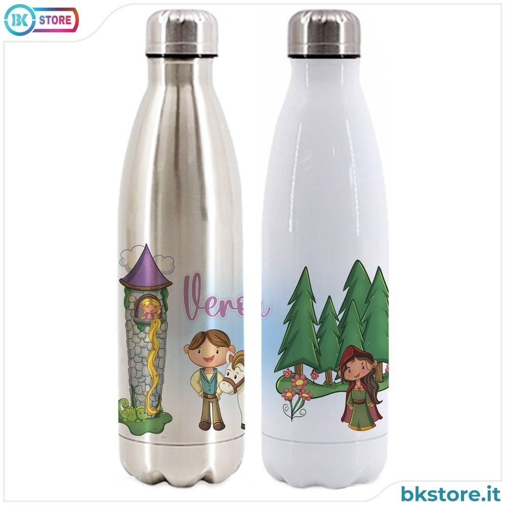 Bottiglia / Borraccia Termica in acciaio per bambina o bambino, con la famosa storia della principessa nella torre