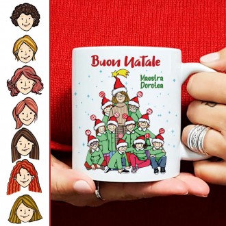 Tazza regalo Natale con avatar maestra, personalizzata con classe e nomi bambini