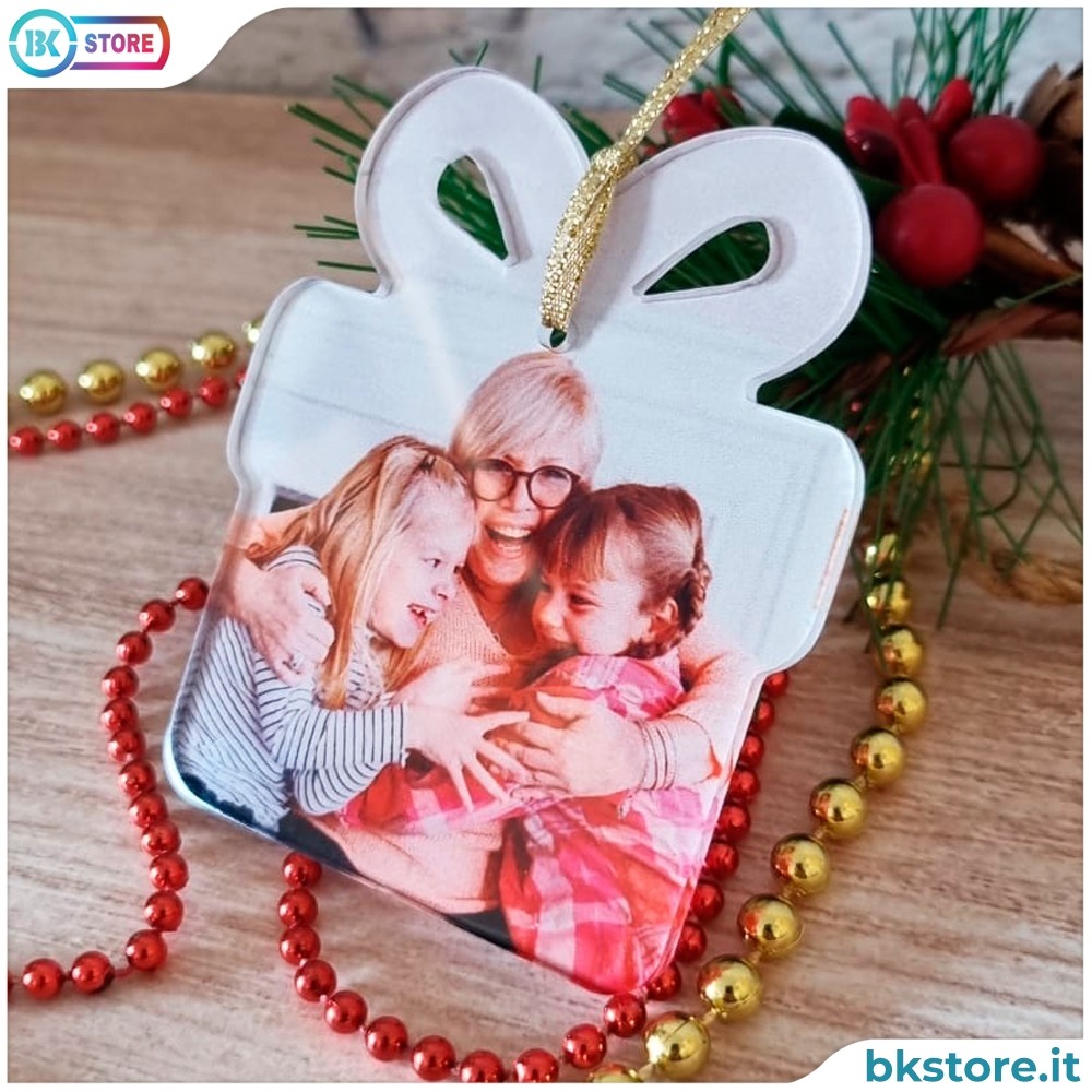 Addobbo natalizio pacco regalo in plexiglass personalizzato con foto