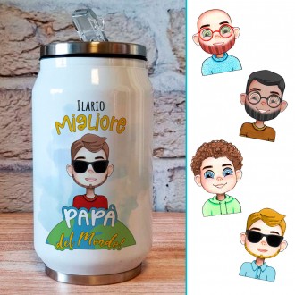 Borraccia lattina regalo per la festa del papà con personaggio avatar completamente personalizzato e nomi