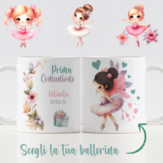 Bomboniera tazza personalizzata per Comunione bambina con ballerina a scelta, nome e data