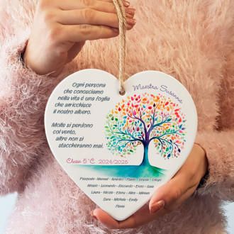 Regalo personalizzato per la maestra, cuore in ceramica a tema albero della vita con i nomi bambini