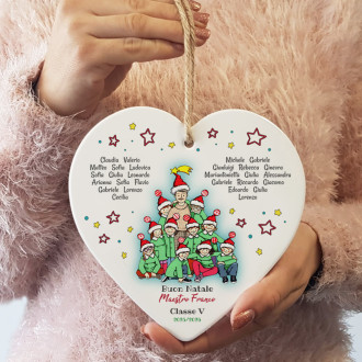 Cuore in ceramica natalizio con maestro personalizzato e nomi