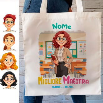 Shopper per la migliore maestra, personalizzata con avatar, classe e nomi